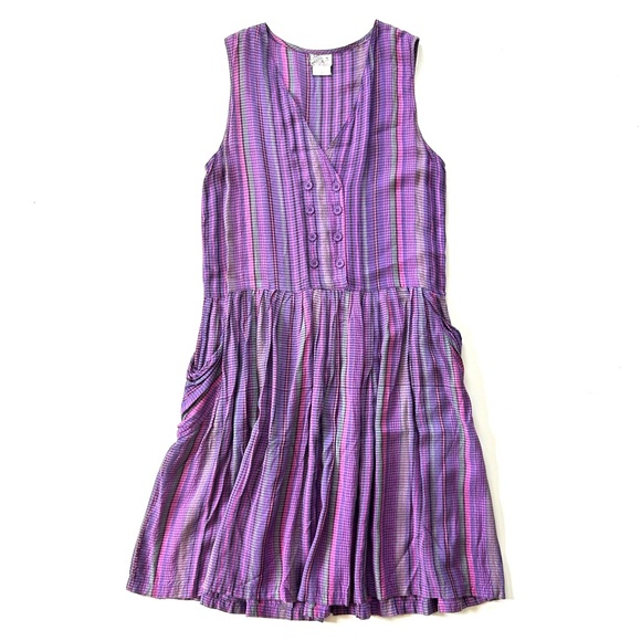 Vintage Dresses & Skirts - Lipstick Vintage Retro Purple Plaid V-Neck Rayon Sleeveless Dress